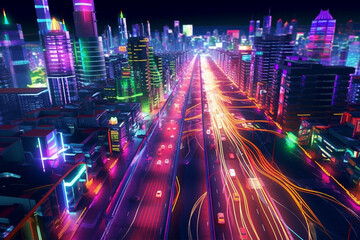 A vibrant, neon-lit city with busy traffic at night exuding a cyberpunk vibe