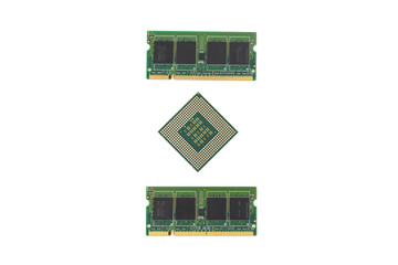 CPU and RAM isolated on a white background. CPU and RAM for a laptop. Set of RAM and processor.