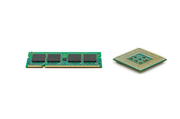 CPU and RAM isolated on a white background. CPU and RAM for a laptop. Set of RAM and processor.
