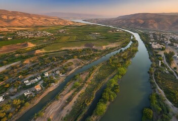 Fototapeta premium 'Israel Jordan view aerial Northern Galilee Sea river sunset Panoramic'