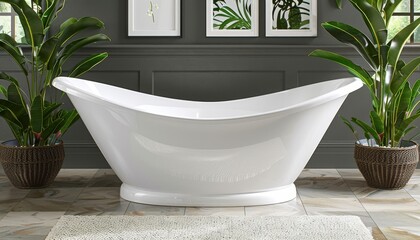 Contemporary bathroom exudes tranquility with sleek freestanding tub as a focal point
