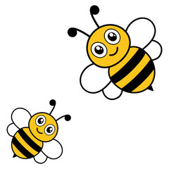 Two cute flying bees. Happy mother and child bumblebee. Vector illustration isolated on white.