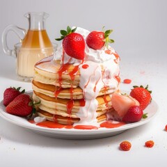white cream pancake with  strawberry and maple syrup
