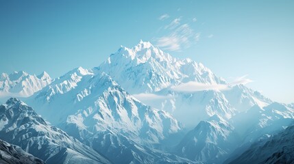 Snow-Capped Majesty: Clear Skies and Majestic Mountains Blanketed in Glistening White.