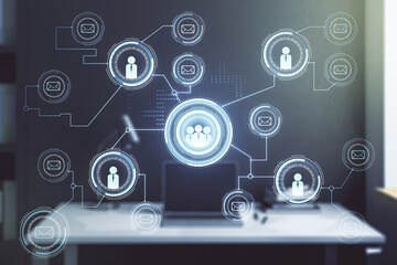 Social network concept and modern desktop with computer on background. Multiexposure
