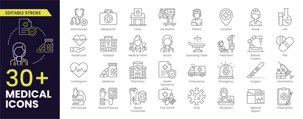 Medical Stroke icon collections. Containing doctor, medicine, hospital, treatment, healthcare, nurse, pills, clinic and more. Stroke icon collection Outline icon