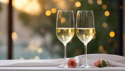 Two glasses with champagne for two on holiday, white wine in the glass, romantic relationships, love

