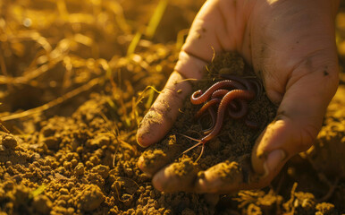 Closeup of hands holding soil with earthworms, symbolizing the role of worms