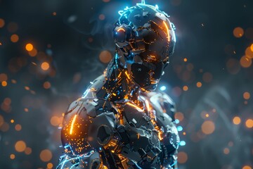 Render a full-body shot of a cyborg constructed entirely from computer parts, glowing with energy and power. The cyborg should have detailed, realistic skin, combining organic and mechanical elements 