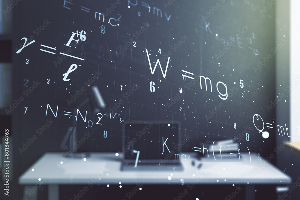 Poster creative scientific formula concept and modern desktop with computer on background. multiexposure