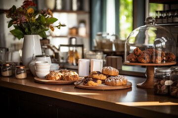 Inviting coffee shop counter with an assortment of pastries and freshly brewed coffee