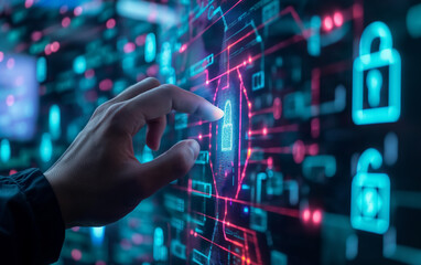 Fototapeta premium Businessman hand pointing the information or Network protection with firewall. Business Internet Technology Concept. 