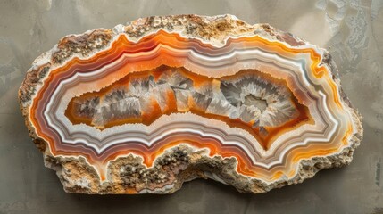 The intricate natural patterns of an agate slice highlighted by a warm and earthy color palette..