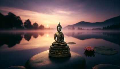 Buddha statue sits on stone by lake with orange sunrise sky.  Buddha statue at water's edge, peaceful with sunrise and lotus flowers. - Powered by Adobe