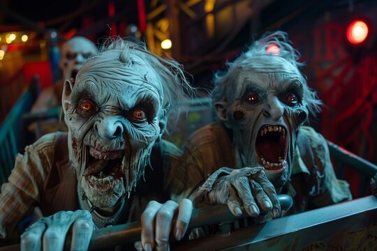 Scary terrible monsters ride in trolleys on a roller coaster attraction horror rooms in an amusement park