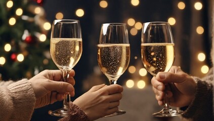 Crop close up of man and woman hold glasses with champagne clink greet congratulate with New Year. Couple celebrate Christmas winter holidays at home together, wish luck and joy. Celebration concept.
