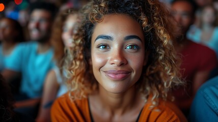 Fototapeta premium Closeup portrait of a mixed race woman in her late twenties, curly hair with blonde highlights and brown roots, wearing orange shirt at cinema audience, soft focus on people blurred background