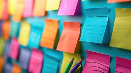 Creative brainstorming session with colorful post it notes and markers in modern office environment showcasing teamwork and innovative ideas