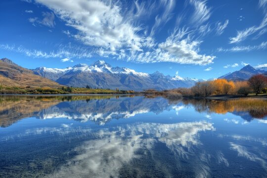 Reflections of Serenity: A Pristine Mountain Lake Mirroring the Boundless Blue Sky.
