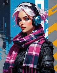 Very detailed portrait of a beautiful girl with headphones, blue eyes, tartan scarf, white-pink hair.