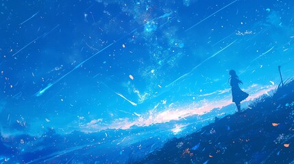 Paint a scene of a fiery meteor shower streaking through the starlit sky from a high-angle view