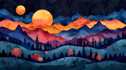 Serene Mountainscape Enveloped in Ethereal Hues and Moonlit Skies Surreal Dreamscape with Watercolor Touches and Minimalist Aesthetic