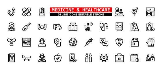 36 Medicine and Healthcare Line Icons Set Pack Editable Stroke Vector Illustration.