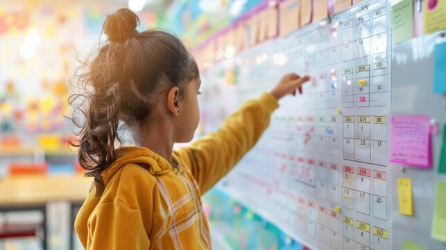Student Pointing to Important Date on Classroom Event Calendar for Academic Planning and Scheduling