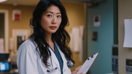Asian female doctor, her hands holding a medical chart or diagnostic tool