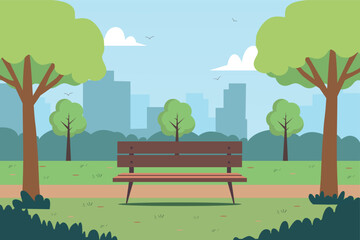 Landscape of a park with trees and bench.  Vector stock