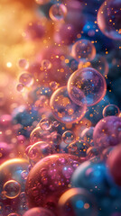 colorful abstract background with bokeh defocused lights and water drops ,background with colorful and vibrant bubbles,Rainbow soap bubbles in sunlight on a dark background