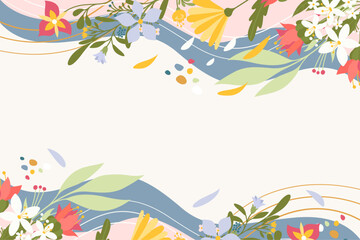 Spring background frame with flowers and branches in vector, flat style.