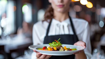 Naklejka premium Waitress gracefully presenting a white plate filled with exquisitely plated gourmet food