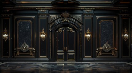 Elegance Unveiled: A Black and Gold Room Welcoming You Through a Grand Door