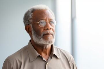 Obraz premium Portrait of a tender afro-american man in his 80s sporting a breathable hiking shirt in modern minimalist interior