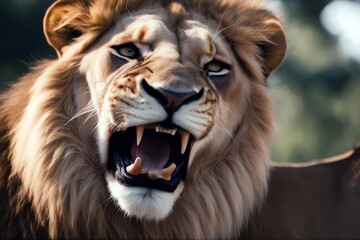 Fototapeta premium 'shot lion roaring lioness close aggressive animal roar africa african angry big carnivore cat closeup creature danger dangerous fang felino female fur growl head hunter intense king large leader leo'