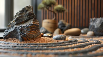 Japanese wave design in Zen stone arrangement, portraying tranquility and the beauty of nature.