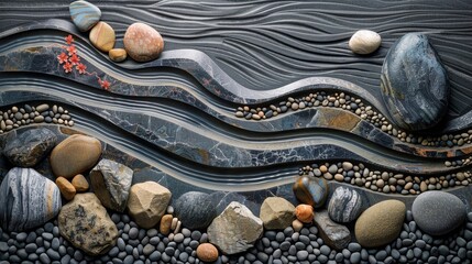 Portraying tranquility and the beauty of nature, this Zen stone arrangement features a Japanese wave design.