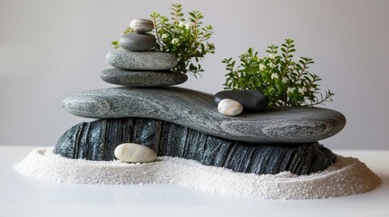 A Zen stone arrangement with a Japanese wave design, evoking tranquility and the beauty of nature.