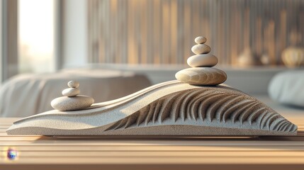 Tranquility and the beauty of nature are portrayed in this Zen stone arrangement, which incorporates a Japanese wave design.