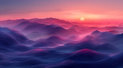 Design a digital visualization of a serene sunset over mountains, using triangles to create the silhouette of peaks in dusky purples and pinks.