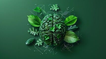 Human brain intricately formed with green leaves, reflecting a concept of eco-consciousness and sustainable thinking, concept of green intelligence and environmental mindfulness