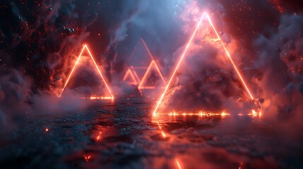 Design a digital visualization of a series of overlapping triangles with glowing neon edges on a deep space-like background.