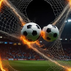 Burning soccer ball flying on black background. Fire flame football ball, fiery energy game