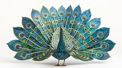 An ornate metal sculpture of a peacock, displaying a fan of elaborately detailed feathers in vibrant shades of blue and green, showcasing exquisite craftsmanship.