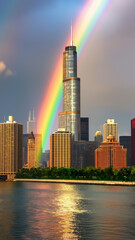 A striking rainbow beams over a city skyline, illuminating a tall skyscraper and reflecting on the water, showcasing a picturesque and vibrant urban scene.