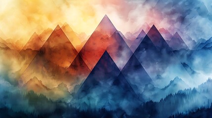 Design a digital visualization of an abstract watercolor landscape using triangular shapes to represent mountains and skies.