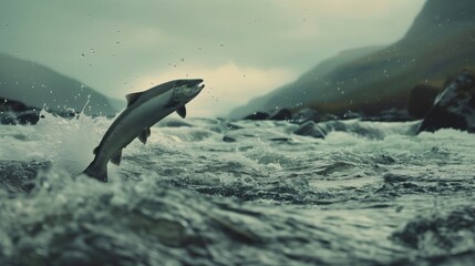A salmon dramatically leaps from turbulent water with moody mountains and stormy skies in the background.