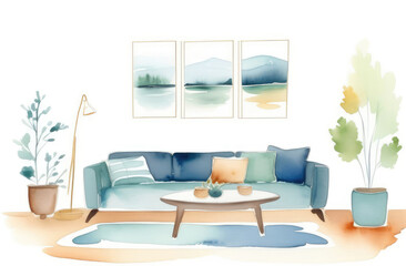 watercolor illustration of cozy living space with trendy decor. stylish comfortable home interior