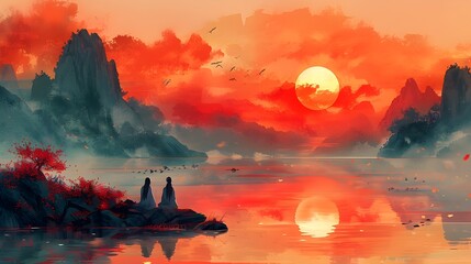 Captivating Mountainous Waterscape at Sunset in Vibrant Surreal Landscape